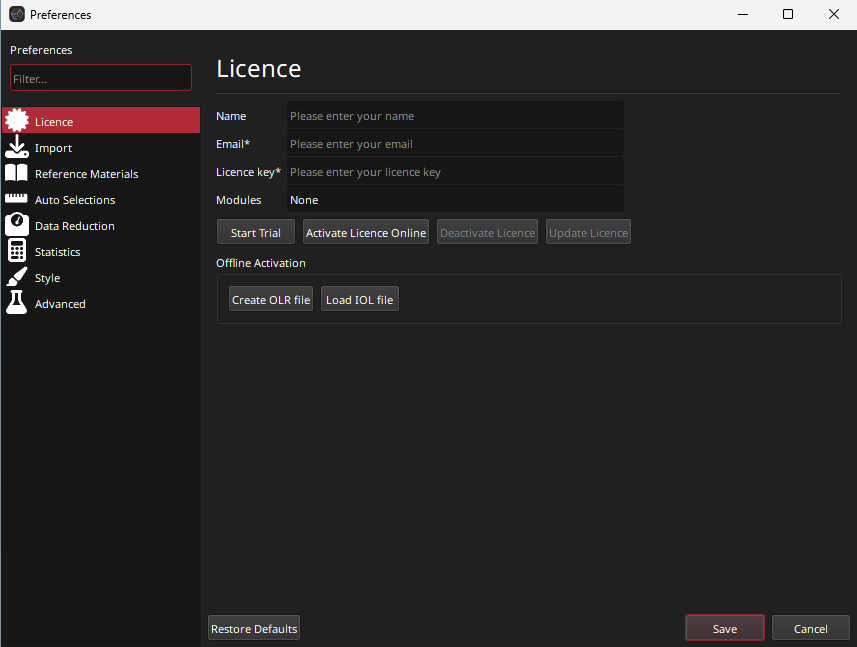 A screenshot of the licensing section of iolite Essentials' preferences