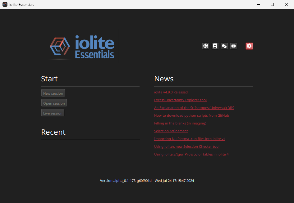 A screenshot of the Welcome Window of iolite Essentials