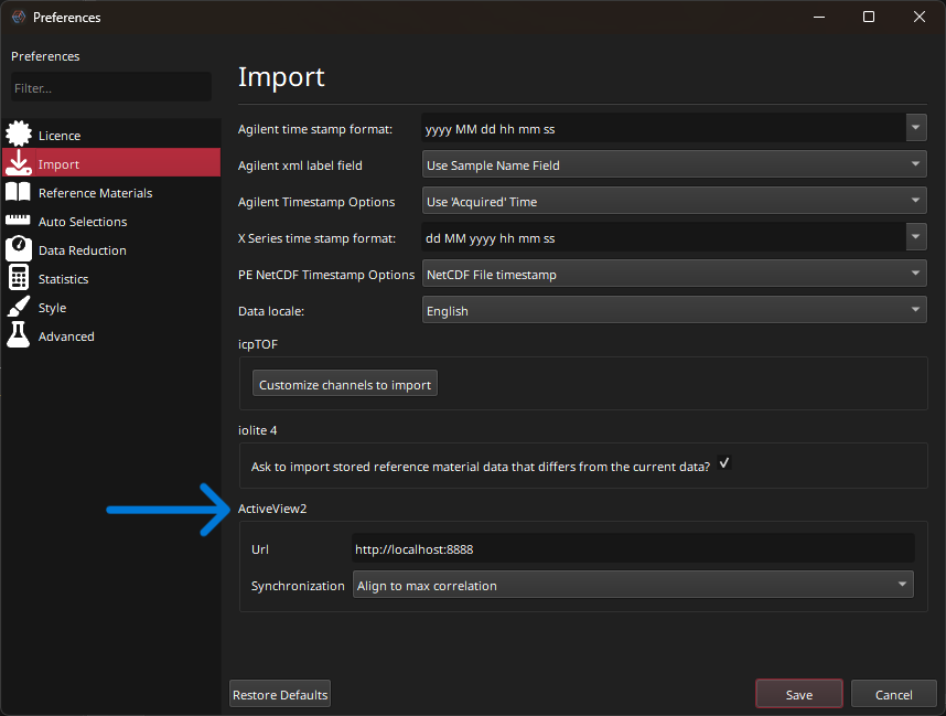 A screenshot of the live session import settings in iolite Essentials