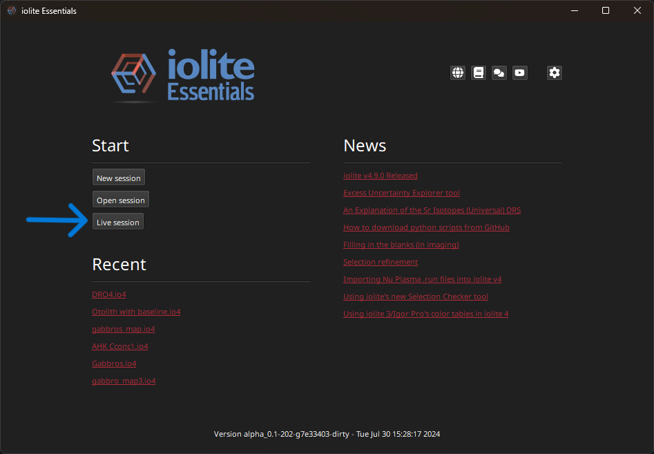 A screenshot of the welcome dialog in iolite Essentials