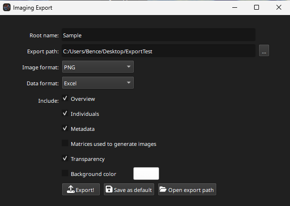 A screenshot of the export dialog of Essentials' imaging tab