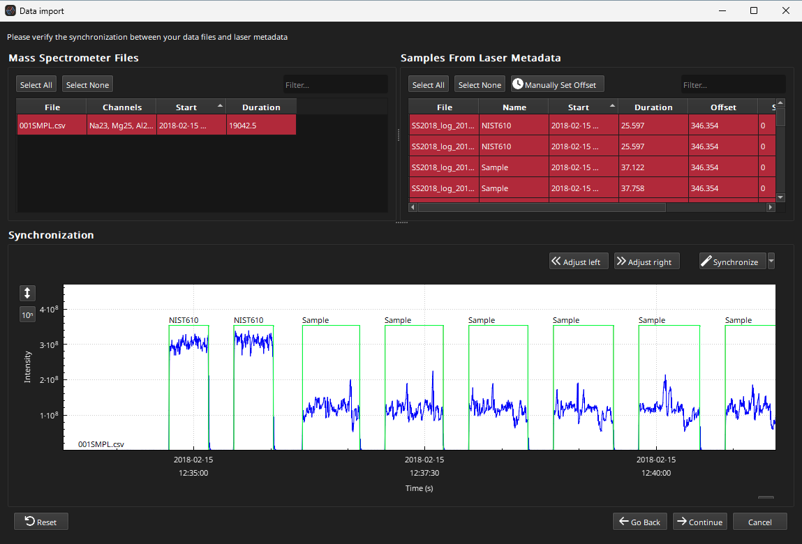 A screenshot of the Synchronisation Window in iolite Essentials